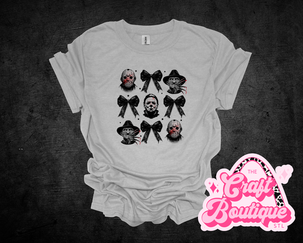 Horror Guys & Bows Printed Tee - Heather Light Gray