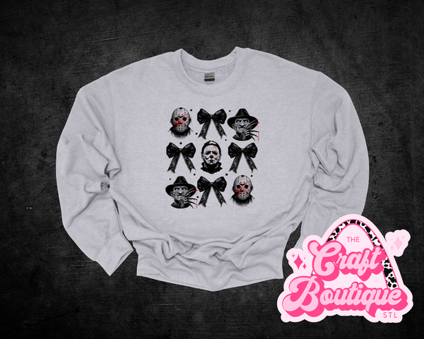 Horror Guys w/ Bows Printed Sweatshirt - Heather Light Gray