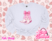 Pink Coquette Western Boots Printed Sweatshirt - Ash