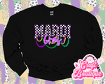 Mardi Gras Beads & Checkers Printed Sweatshirt - Black