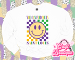 You Can Find Me in Saint Louis Mardi Gras Smiley Printed Sweatshirt - White