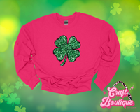 Green Shamrock Faux Sequin Printed Sweatshirt - Hot Pink