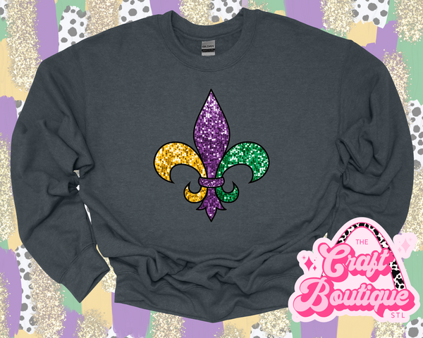 Faux Sequin Fleur de Lis Printed Sweatshirt - Heather Dark Gray