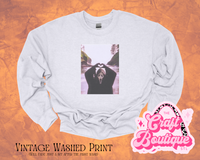 Vintage Wash Ghost Face Heart Hands Printed Sweatshirt - Heather Ash Gray