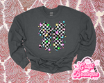 Checkered Christmas Lights Bow Printed Sweatshirt - Heather Dark Gray