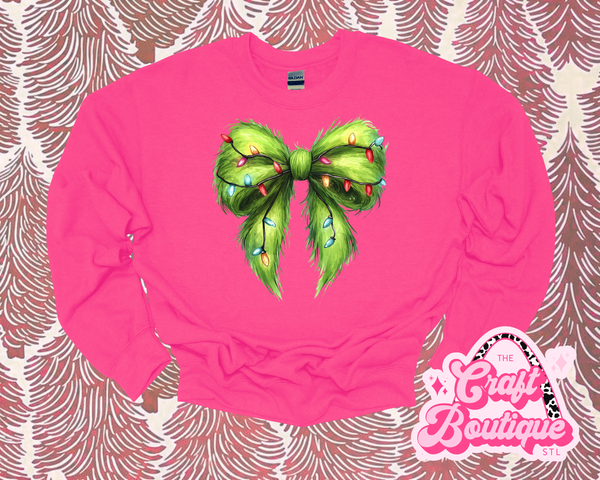 Furry Green Grinchy Bow Printed Sweatshirt - Hot Pink