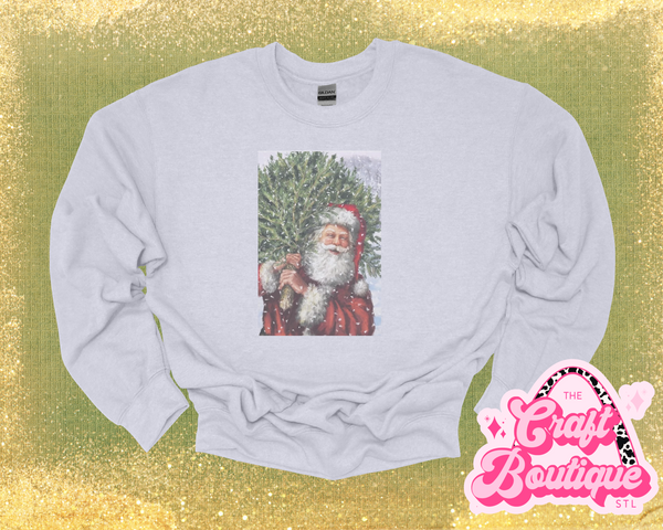 Vintage Wash Santa Carrying Tree Printed Sweatshirt - Heather Ash Gray