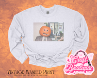 Vintage Wash The Office Pumpkin Head Printed Sweatshirt - Heather Ash Gray