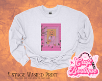 Vintage Wash Pink Coffee Sipping Pumpkin Head Printed Sweatshirt - Heather Ash Gray