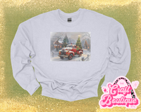 Vintage Wash Little Red Christmas Truck Printed Sweatshirt - Heather Ash Gray