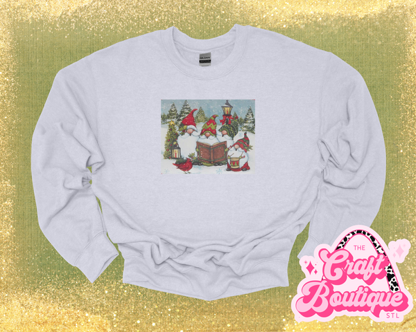 Vintage Wash Caroling Gnomes Truck Printed Sweatshirt - Heather Ash Gray