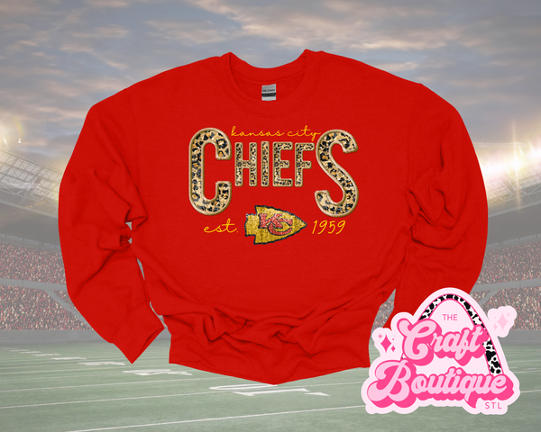 Faux Leopard Sequin Kansas City Football Printed Sweatshirt - Red